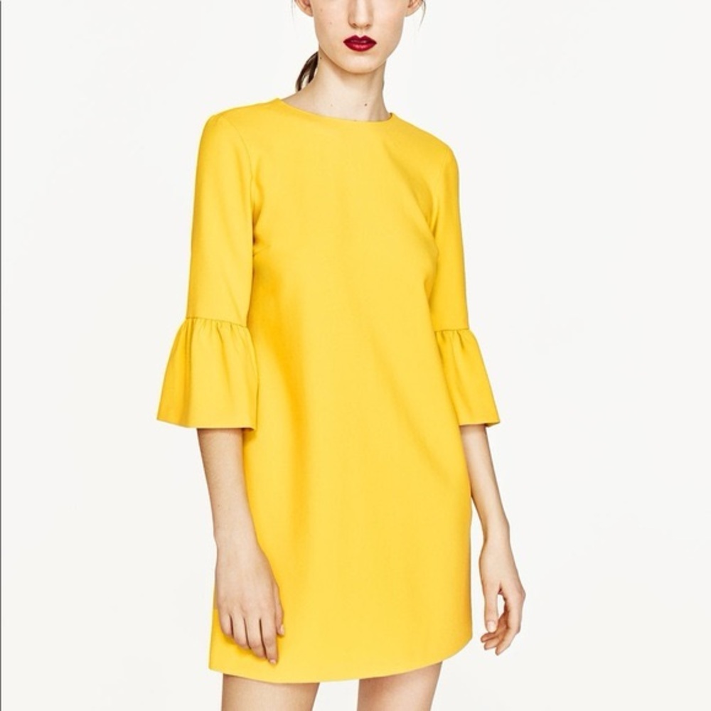 ZARA Bright Yellow Ruffle Bell Sleeve Boho Mini Dress Size M